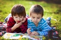 Two adorable cute caucasian boys, lying in the park in a fine su