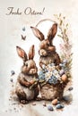 Two adorable Easter Bunnies with Basket of Easter Chocolate Eggs in Watercolor Style. Text Frohe Ostern in German language means