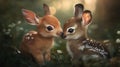 Two Adorable Fawns Nuzzling in a Sunlit Forest Royalty Free Stock Photo