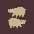 Two adorable funny hippopotamus. Cute animal character on a purple background. African hippo hand drawn vector illustration.