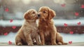 two adorable golden labrador retriever puppies, being in love, sitting together