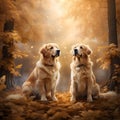 Two adorable golden retrievers sitting against a bright, ethereal forest Royalty Free Stock Photo