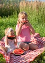 Two adorable happy caucasian blonde baby girls smiling sisters sit on plaid on grass in summer sunny weather enjoy eat Royalty Free Stock Photo