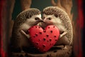 Two adorable hedgehogs with love hearts, romance concept