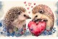 Two adorable hedgehogs with love hearts, romance concept