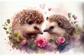 Two adorable hedgehogs with love hearts, romance concept