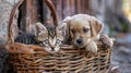 Two adorable kittens are curled up in a wicker basket, their curious gazes fixed on something outside