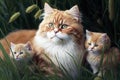 Two Adorable Kittens Found With American Hardhaired Cat Lounging In The Grass. Generative AI