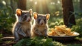 Adorable Baby Possums with Crispy Potato Chips in Forest Royalty Free Stock Photo