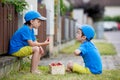 Two adorable little children, boy brothers, eating strawberries, summertime Royalty Free Stock Photo