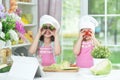 Two adorable little girls in aprons having fun