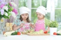 Two adorable little girls in aprons preparing delicious salad