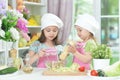 Two adorable little girls in aprons preparing delicious salad