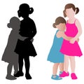 Two adorable little girls in summer dresses hugging