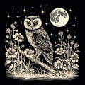 Moonlit Flower Night Owl Detailed Engraving Style Illustration