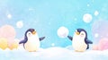 Two adorable penguins playing in the snow, throwing snowballs at each other Royalty Free Stock Photo