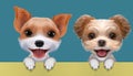 Two adorable pets looking at camera. Illustration of two cute little dogs