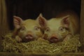 Two adorable pigs resting on a haystack during a cloudy day on a farm Royalty Free Stock Photo