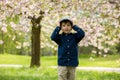 Two adorable preschool children, boy brothers, playing with little chicks Royalty Free Stock Photo