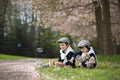 Two adorable preschool children, boy brothers, playing with little chicks Royalty Free Stock Photo