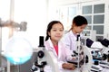 Two adorable pretty schoolgirls in lab coat doing simple science experiments, young Asian kid scientist having fun in chemistry Royalty Free Stock Photo