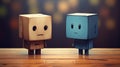 Two adorable robot characters standing face to face in 3d rendering on beige studio backdrop