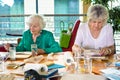 Two adorable senior women painting at table