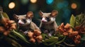Adorable Baby Opossums Among Orange Flowers at Night Royalty Free Stock Photo