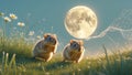 Two Adorable Baby Mice in Moonlit Meadow Royalty Free Stock Photo