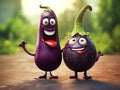 two adorable smiling eggplant cartoon character on blurred background