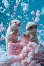 Two Adorable White Ferrets Playing in Fluffy Pink Foam with a Dreamy Blue Background