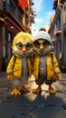 AI generated a two adorable yellow cartoon chicks on a city street in winter clothes