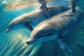 Two adult dolphins playing in the sun-drenched sea - Generative AI Royalty Free Stock Photo