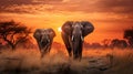 Two adult elephants walking in savannah against sunset. Generative AI Royalty Free Stock Photo