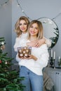 Two adult female sisters in sweaters and jeans decorate a Christmas tree at home