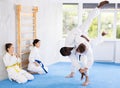 Two adult men training judo techniques Royalty Free Stock Photo