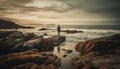 Two adults standing on rock, watching sunset generated by AI