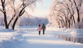 Two adults walking in the snow, enjoying winter together generated by AI Royalty Free Stock Photo
