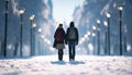 Two adults walking in the snow at night generated by AI Royalty Free Stock Photo