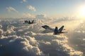 Two advanced military jet fighters soaring together above the clouds in perfect formation Royalty Free Stock Photo
