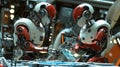 Two advanced robots collaborating on a futuristic interface display Royalty Free Stock Photo