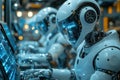 Futuristic robots working at computers in a high-tech environment during a day shift Royalty Free Stock Photo