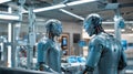 Two advanced robots interacting in a futuristic laboratory.