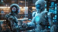 Two advanced robots shaking hands in a futuristic control room with holographic displays