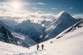 Two adventurers trek across a snow covered mountain in breathtaking solitude