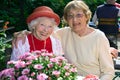 Two affectionate senior women enjoying coffee. Royalty Free Stock Photo