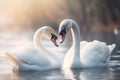 Two affectionate swans in winter pond.