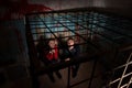Two afraid Halloween victims imprisoned in a metal cage