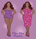 Two african american plus size ladies in cocktail dresses and swimsuit