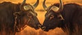 Two African Cape Buffalo locking horns Generative AI